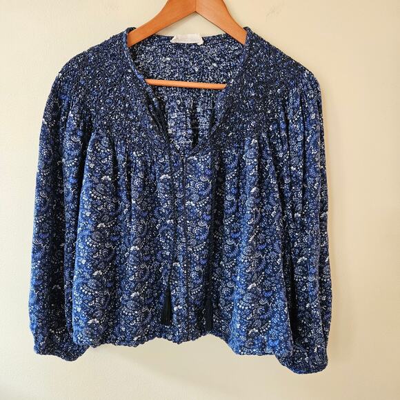 Lucky Brand Tops - Lucky Brand Women's Peasant Top, Size L Floral Tassel Boho Blue Cottage